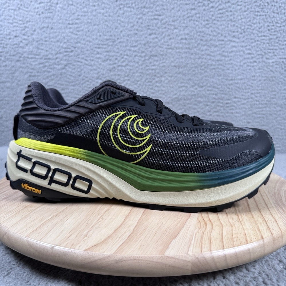 Topo Vista Mens Size 9.5 Black Lime Trail Running Hiking Shoes 5mm Drop Vibram